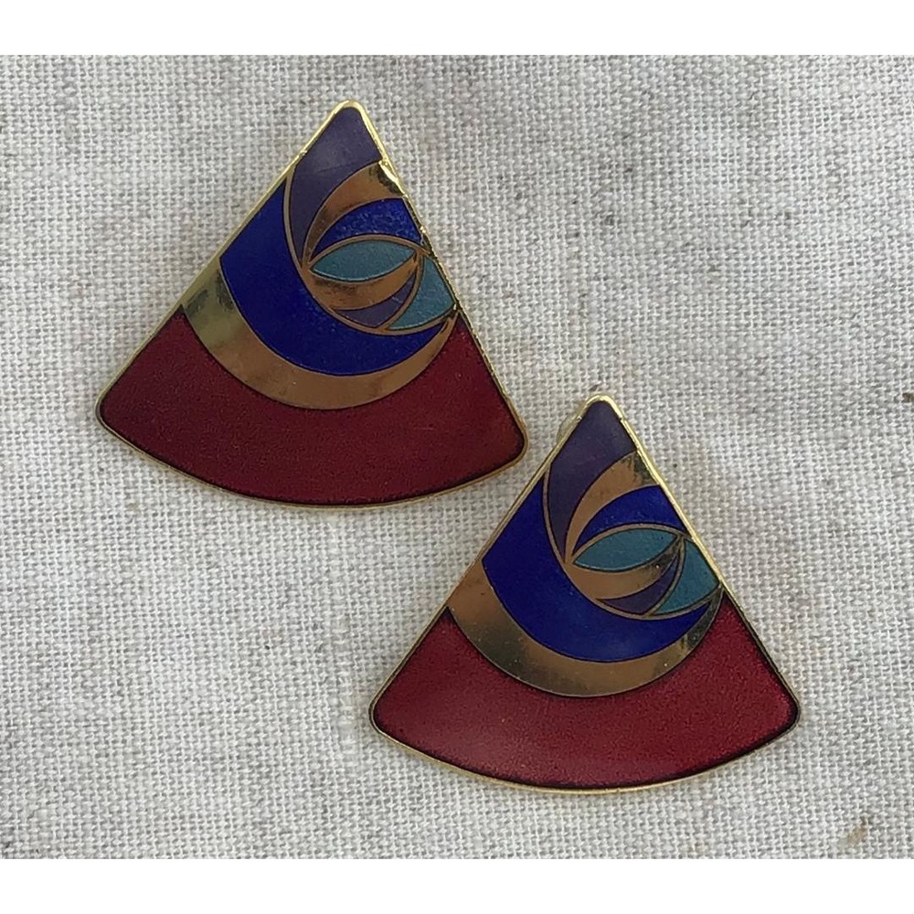 VTG 80's Geometric Enamel Triangle Stud Earrings‎ Gold Tone Bold Statement Retro